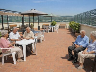 Personas mayores con Alzheimer disfrutando del aire libre en terraza soleada