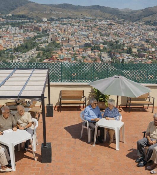 Terraza exterior en centro especializado en Alzheimer con vistas abiertas y espacios de convivencia