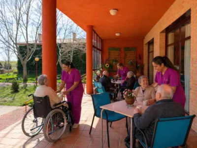 Personas mayores y gerocultoras en terraza de residencia especializada en Alzheimer en Toledo