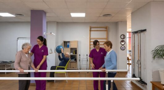 sesión de fisioterapia con gerocultoras y residentes en residencia de mayores en Magán Toledo